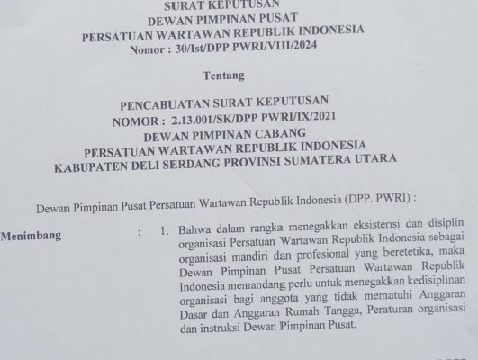 Untuk Pembenahan DPC PWRI Deli Serdang, DPP Evaluasi Kepemimpinan Agustinus Limbong 