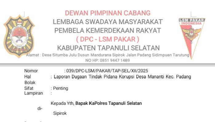 Dugaan Korupsi Kades Mananti Kab Paluta Resmi Dilaporkan LSM PAKAR DPC Tapsel